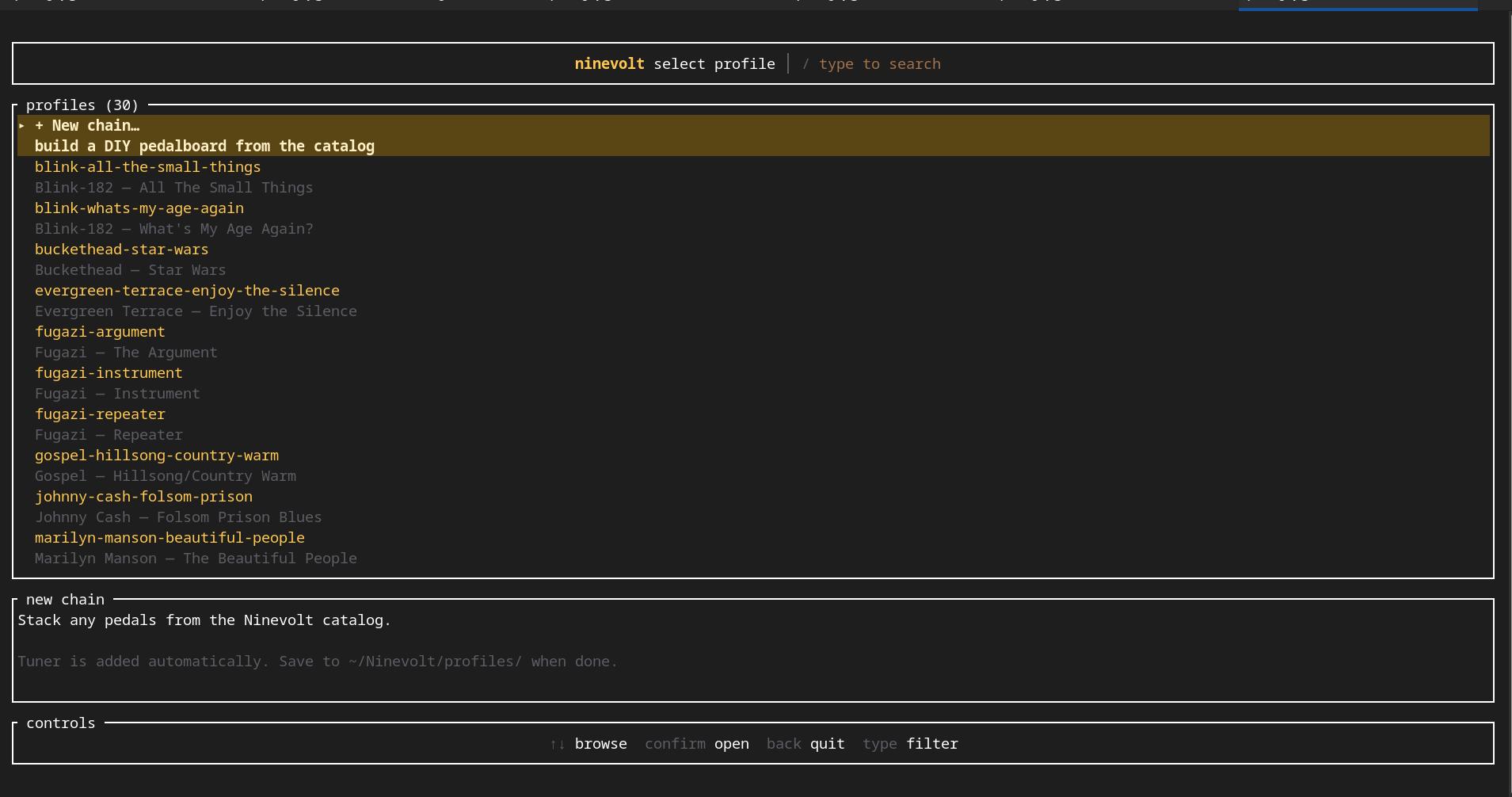 Ninevolt profile picker with song-inspired chains
